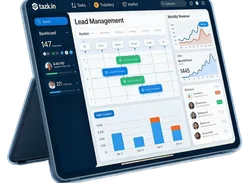 TAZK lead-management dashboard displayed on a tablet, with a sidebar, kanban-style lead board, revenue charts, contact list, and bar chart.