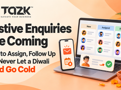 TAZK festive-enquiries promotional graphic showing a laptop with three lead columns labeled New, Assigned, and Follow-up, plus a phone with notification and calendar icons.