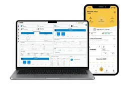 TAZK payroll dashboard displayed on a laptop beside a mobile app screen showing attendance, leave, loan, and calendar widgets.