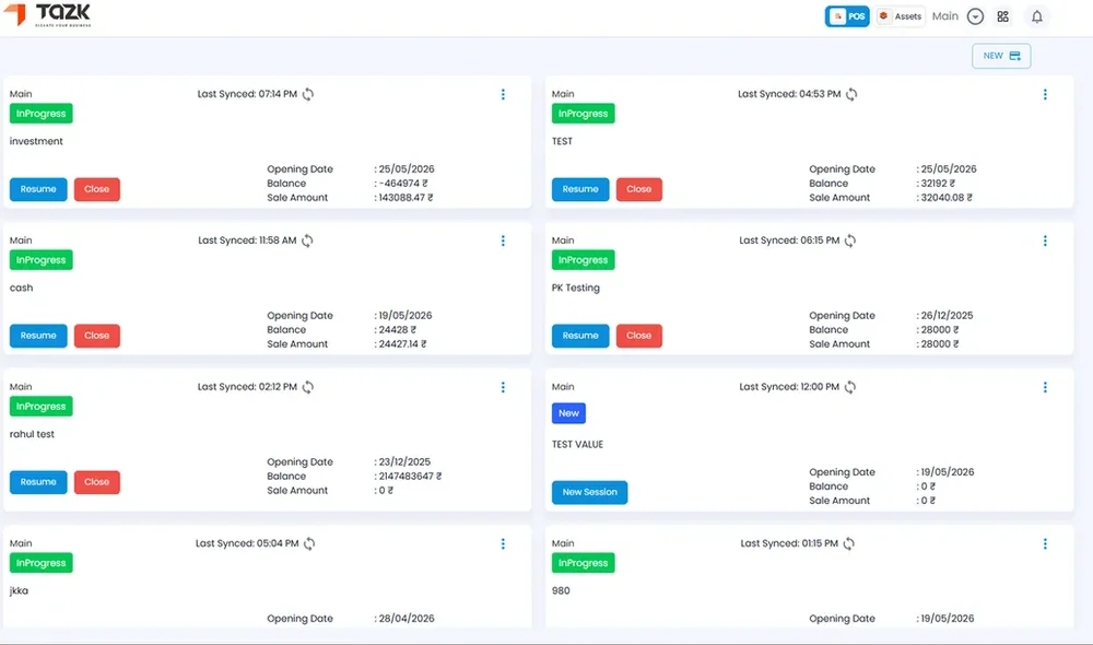 Tazk POS session list showing multiple location cards with opening dates, balances, sale amounts, and Resume or Close buttons.