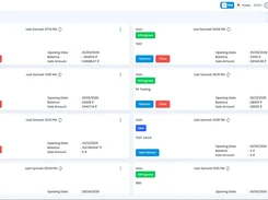 Tazk POS session list showing multiple location cards with opening dates, balances, sale amounts, and Resume or Close buttons.