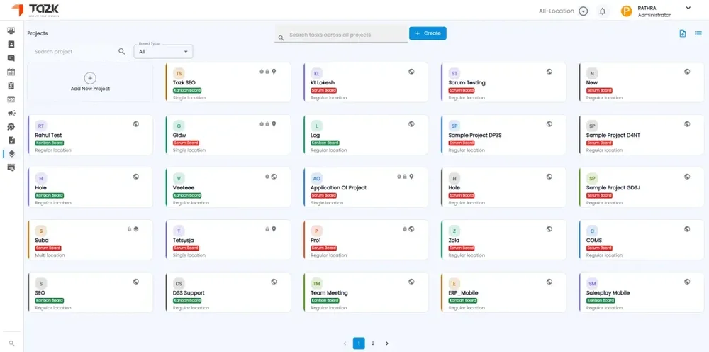 TAZK Projects page showing a grid of project cards, board-type labels, search controls, and a Create button.