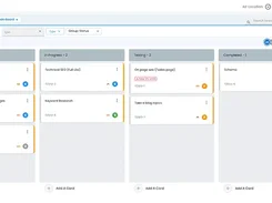 TAZK Kanban board with To Do, In Progress, Testing, and Completed columns containing task cards.