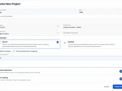 Create New Project form in TAZK with project fields, Scrum and Kanban methodology choices, location selection, and configuration toggles.