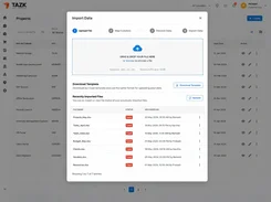 TAZK Import Data dialog showing file upload, import workflow steps, template download, and a table of recently imported files.