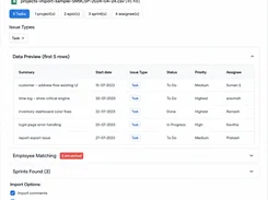 Import CSV preview and mapping screen showing task counts, a five-row data preview table, employee matching, and import options.