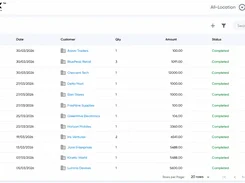 Tazk Sales Orders page listing sales-order numbers, dates, customer businesses, quantities, amounts, statuses, and action icons.