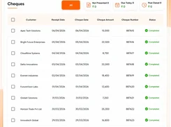 Tazk Cheques page listing customer businesses, receipt dates, cheque dates, cheque amounts, cheque numbers, and completed statuses.