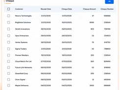 Tazk Cheque table with customer businesses, receipt and cheque dates, amounts, and cheque numbers.