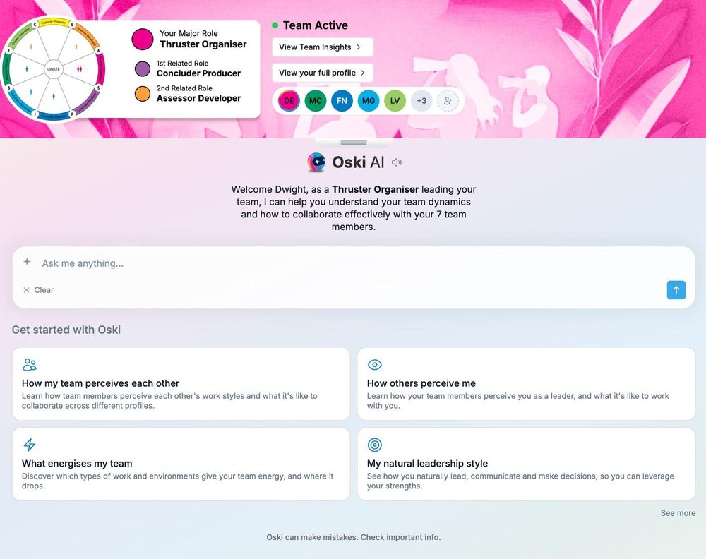 TeamOS Oski AI dashboard showing Team Active status, role summaries, an AI prompt box, and team-insight cards.