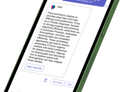 Angled smartphone mockup showing a TeamOS chat with Oski explaining a conflict between Priya and Andy and an “Open TeamOS” button.