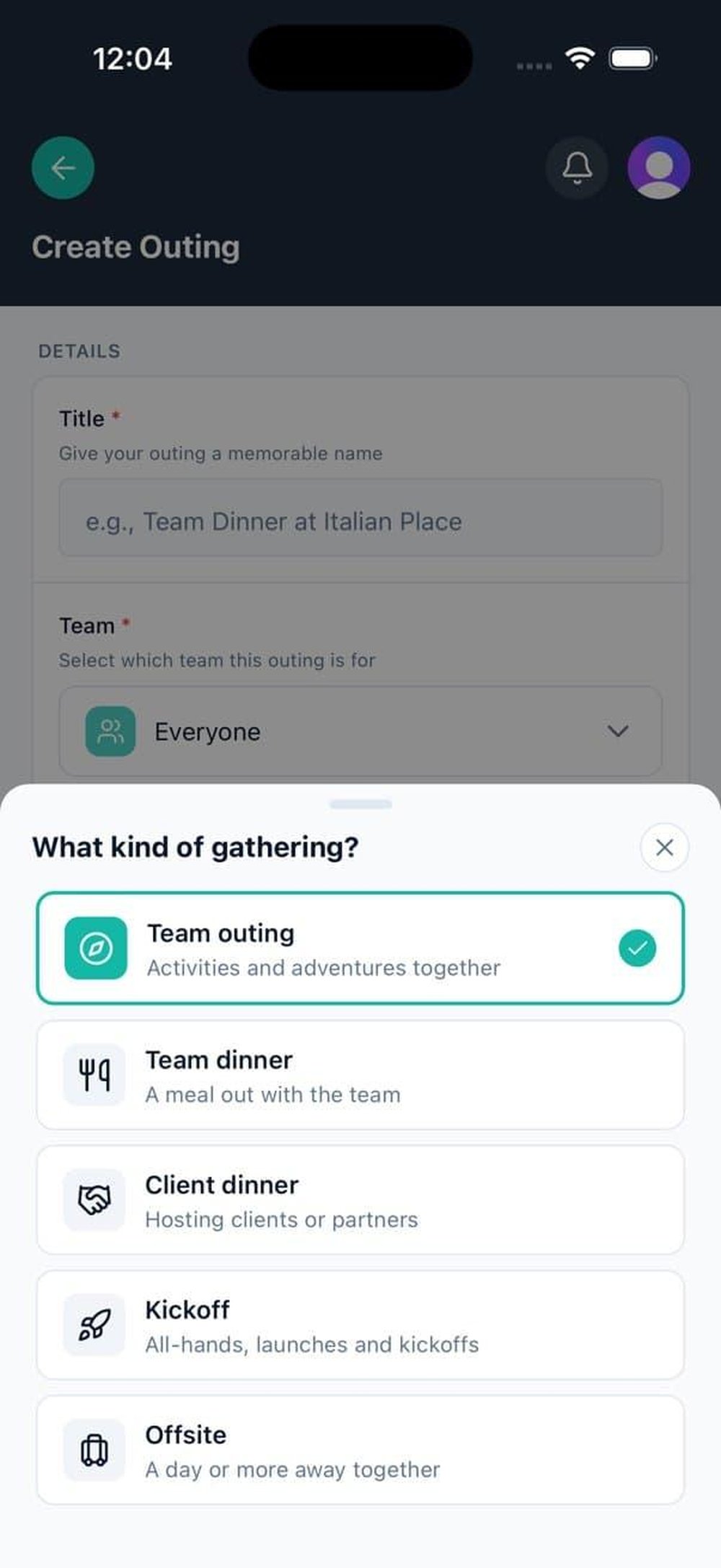 Mobile TeamOutings Create Outing screen with a bottom sheet for selecting a gathering type, including team outing, team dinner, client dinner, kickoff, and offsite.