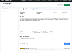 Call record: call notes, warranty flag, serviceman, reason and faulty part