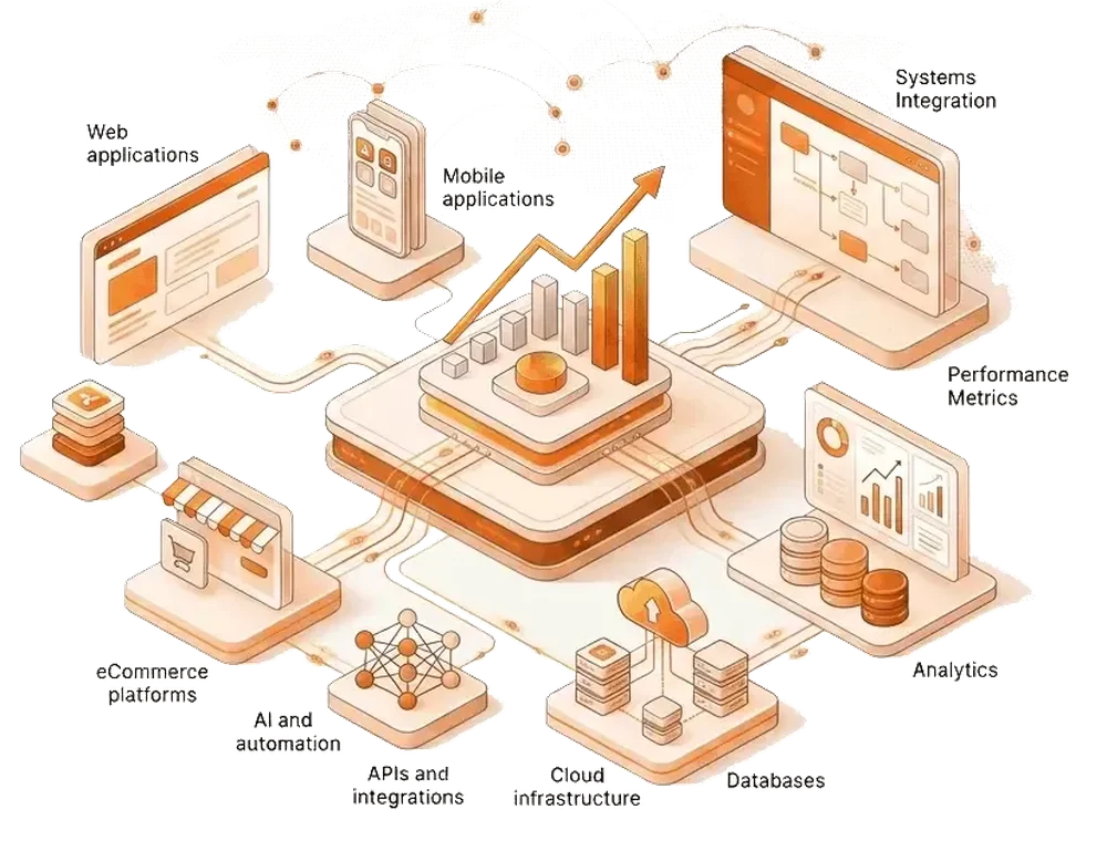 An orange isometric integration diagram labels web applications, mobile applications, systems integration, performance metrics, analytics, eCommerce platforms, AI and automation, APIs and integrations, cloud infrastructure, and databases around a central platform.