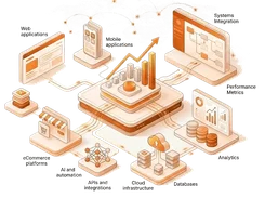 An orange isometric integration diagram labels web applications, mobile applications, systems integration, performance metrics, analytics, eCommerce platforms, AI and automation, APIs and integrations, cloud infrastructure, and databases around a central platform.
