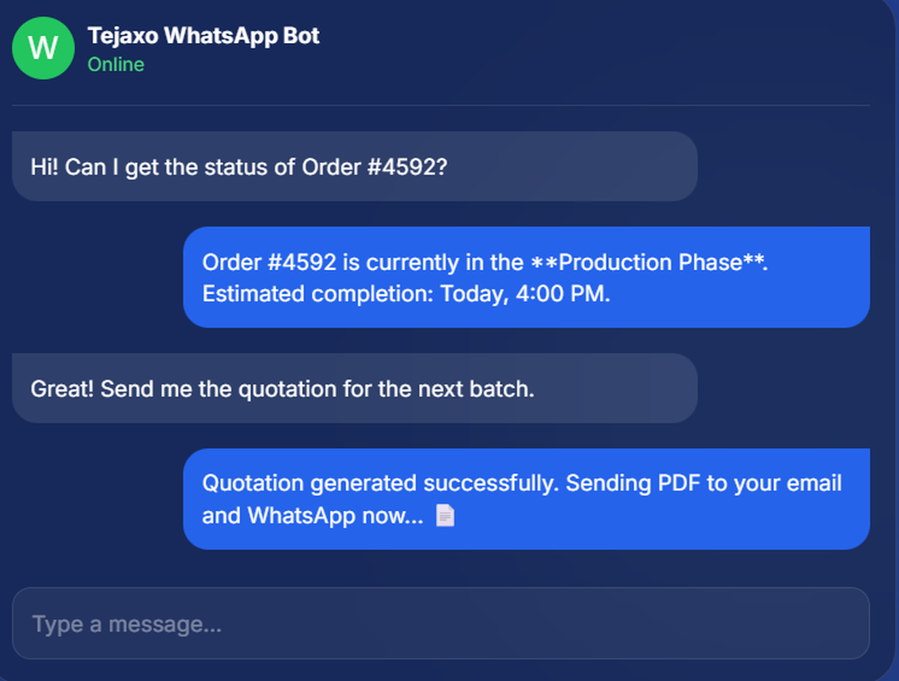 Dark-blue Tejaxo WhatsApp Bot chat interface showing messages about order #4592 production status and generating a quotation PDF.
