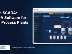 Promotional slide titled “Tejaxo SCADA: SCADA Software for Batch Process Plants” showing a dark SCADA process diagram with tanks and connecting lines.