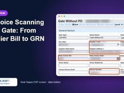 Promotional slide titled “AI Invoice Scanning at the Gate: From Supplier Bill to GRN” showing a Tejaxo Gate Without PO entry form.