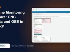 Promotional slide for machine monitoring showing a Tejaxo ERP Machines & Downtime page with machine-status cards.