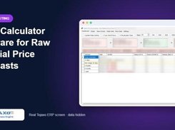Promotional slide titled “Price Calculator Software for Raw Material Price Forecasts” with a blurred Tejaxo ERP price-calculation table shown in a browser-style frame.