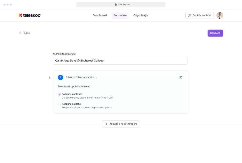 The Teleskop form editor shows a form title field, a question card, response-type choices, and a button to add another question.