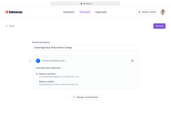 The Teleskop form editor shows a form title field, a question card, response-type choices, and a button to add another question.
