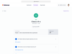 A Teleskop form-results page for “Clasa a 9-a” shows active status, response count, form type, and question result cards.