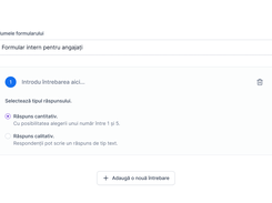 A Teleskop form-building screen shows the title “Formular intern pentru angajați,” a question editor, response-type options, and an add-question button.