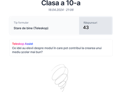 A Teleskop form-results page for a class shows an active status, 43 responses, a feedback prompt, and a colorful action button.