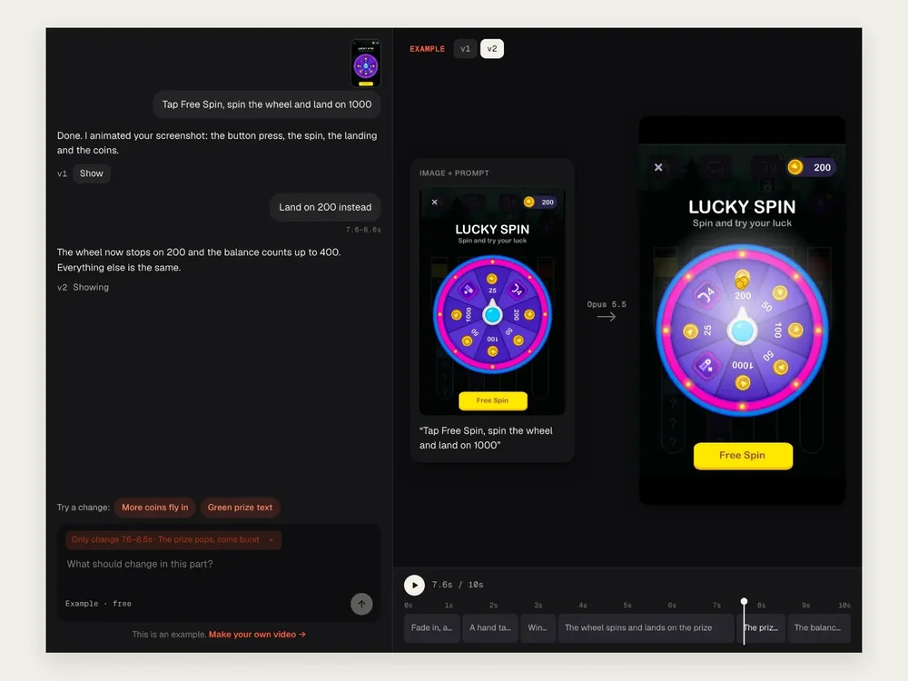 Tellcut editor showing a prompt-based revision of a Lucky Spin game animation with timeline clips.