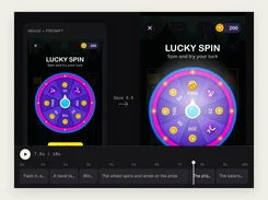 Tellcut video preview comparing a game image and animated Lucky Spin output on a timeline.