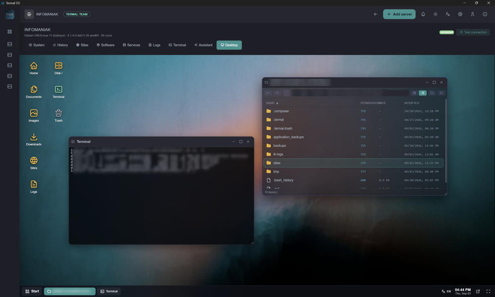 The desktop over SSH: a terminal and an SFTP file explorer side by side, with a taskbar and desktop icons.