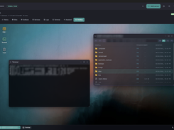 The desktop over SSH: a terminal and an SFTP file explorer side by side, with a taskbar and desktop icons.