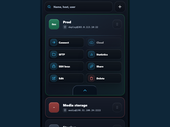 TermiGram main menu with three server cards and one expanded server profile