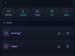 TermiGram SFTP file browser for ubuntu@192.0.2.45, listing config, logs, .env.example, deploy.sh, and README.md.