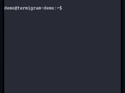 TermiGram mobile terminal connected to a local Ubuntu 24.04 LTS demo SSH session, with command output and a command-key toolbar.