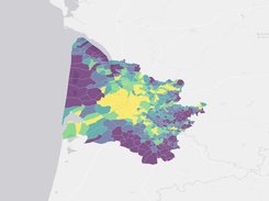 The Nouvelle-Aquitaine area of France with many administrative polygons filled in purple, blue, green, and yellow.