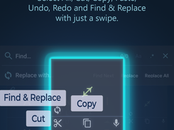 Promotional screen for “Desktop-Class Control” showing a Tessera Keyboard interface with highlighted Cut, Copy, Paste, Undo, Redo, and Find & Replace controls.