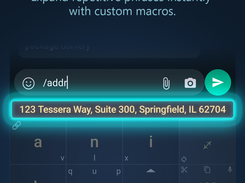 Promotional screen for custom macros showing “/addr” expanding to “123 Tessera Way, Suite 300, Springfield, IL 62704” above the Tessera Keyboard.