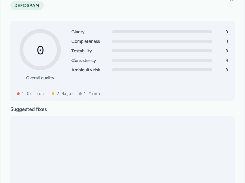 Spec Quality page labeled DEFOSPAM, showing an overall quality score of 0, metric rows for clarity, completeness, testability, consistency, and ambiguity risk, plus a Suggested fixes section.