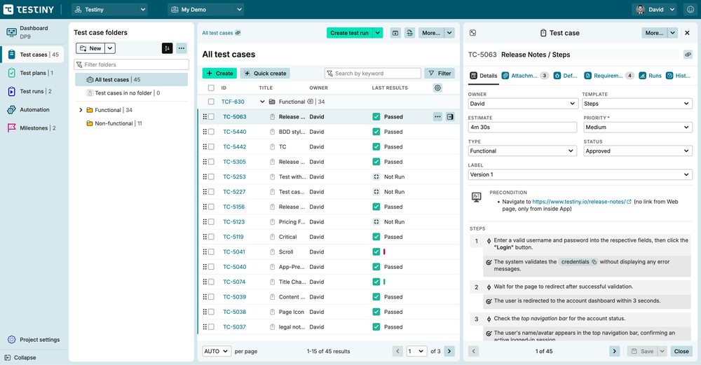 The test case list view with an open detail panel.