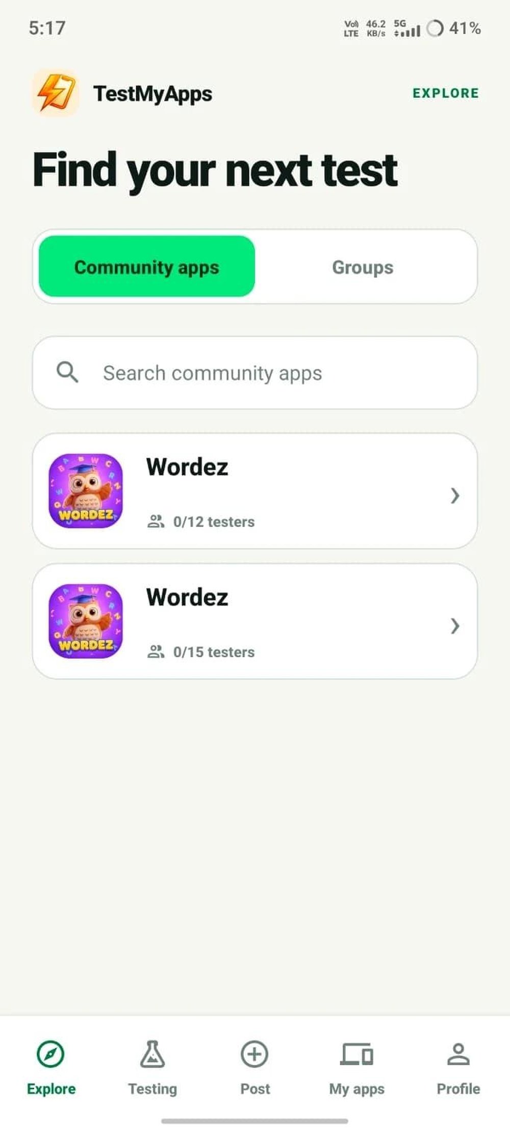 TestMyApps mobile Explore screen with the Community apps tab selected, a search field, and two Wordez app listings with tester counts.