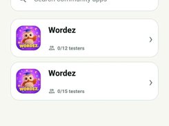 TestMyApps mobile Explore screen with the Community apps tab selected, a search field, and two Wordez app listings with tester counts.
