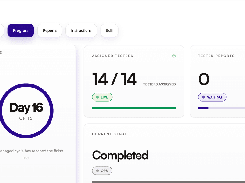 TestMyApps web dashboard Progress view showing Day 16 of 16, 14 of 14 assigned testers, zero tester reports, and a Completed current stage.