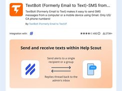 Help Scout marketplace listing for TextBolt with an embedded diagram showing Help Scout messages exchanged with a mobile phone.