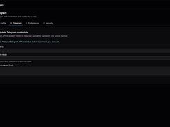 TG Dock settings page for configuring Telegram API credentials and a production certificate bundle.