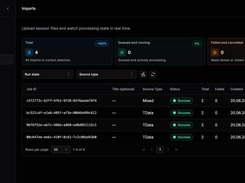 TG Dock Imports page showing summary counters, filters, and a table of successful import jobs.