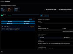 TG Dock pipeline builder with a Join Chat/Group task editor, task list, invite-link target option, delay setting, and failure behavior selector.
