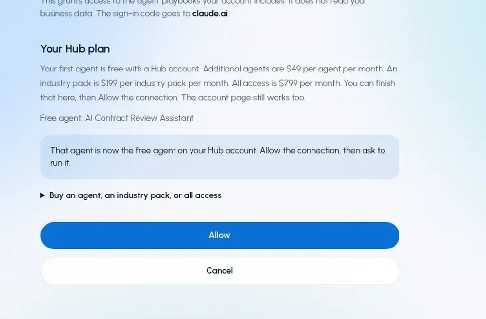 Hub plan approval screen showing agent and subscription pricing with Allow and Cancel actions.