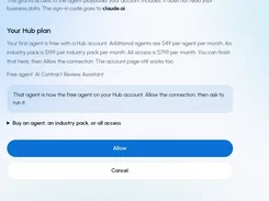 Hub plan approval screen showing agent and subscription pricing with Allow and Cancel actions.
